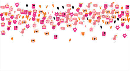 Bright frame background with Valentine's Day elements. Blank postcard, invitation to a holiday, wedding. Doodle. Vector illustration.