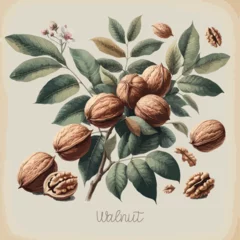 Poster Watercolor walnut vintage retro poster design. Vector walnut illustration, fruits theme. © ku4erashka