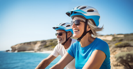 Middle-aged couple with cycling helmets riding a bicycle by a mediterranean beach with turquoise water - Powered by Adobe