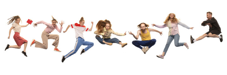 Collage made of different people of diverse age and gender jumping isolated over white background....