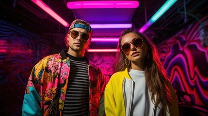 Fototapeta premium Stylish couple in retro '90s outfits against a graffiti and neon light backdrop