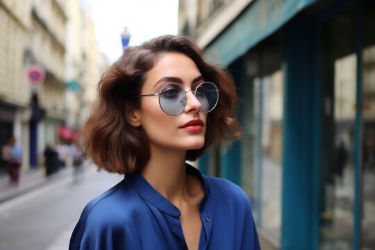 A Woman In Blue Shirt And Sunglasses Is Looking Away From The Camera