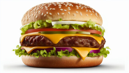 frontal view delicious meat burger isolated on a white backdrop with cheese and salad.