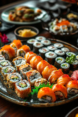 different types of rolls and sushi on a round plate, on a wooden table