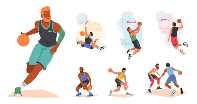 Tall, Agile Athletes Male Characters Dribble And Shoot On The Basketball Court, Showcasing Skill And Teamwork Vector Set