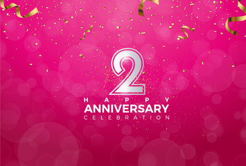 second 2nd Anniversary celebration, 2 Anniversary celebration, Realistic 3d sign, Pink background, festive illustration, Silver number 2 sparkling Glitter With Confetti, 2,3 - obrazy, fototapety, plakaty