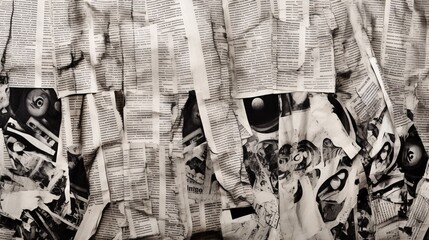 A monochrome assortment of ripped scraps from newspapers and magazines makes up a textured collage background.