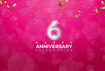 Sixth 6th Anniversary celebration, 6 Anniversary celebration, Realistic 3d sign, Pink background, festive illustration, Silver number 6 sparkling Glitter With Confetti, 6,7