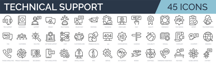 Set of 45 outline icons related to technical support. Linear icon collection. Editable stroke. Vector illustration - obrazy, fototapety, plakaty
