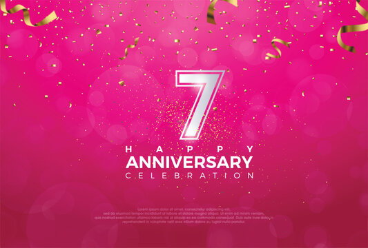 Seventh 7th Anniversary celebration, 7 Anniversary celebration, Realistic 3d sign, Pink background, festive illustration, Silver number 7 sparkling Glitter With Confetti, 7,8