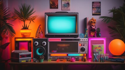 Nostalgic '90s themed setup with vintage electronics and vibrant neon lights