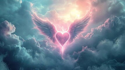 Generative AI, Pink magenta fantastic 3d clouds and heart with wings, sky and landscape. Gentle colors and with bright lights.	
