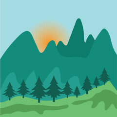Vector illustration of mountain landscape and pine trees.