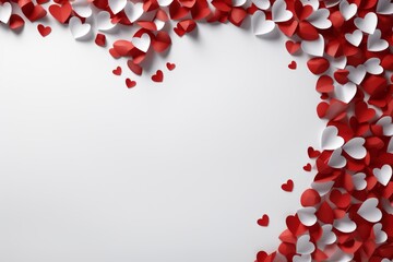 Valentines day background with red and white paper hearts on white background