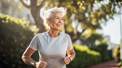Senior woman with a bright smile jogging in a sunlit urban park