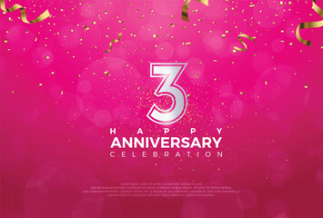Third 3rd Anniversary celebration, 3 Anniversary celebration, Realistic 3d sign, Pink background, festive illustration, Silver number 3 sparkling Glitter With Confetti, 3,4