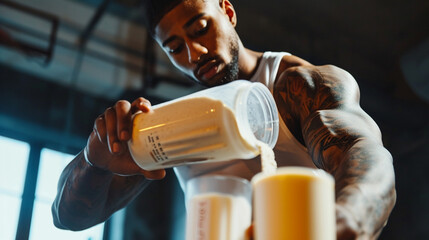 a male athlete prepares a protein shake