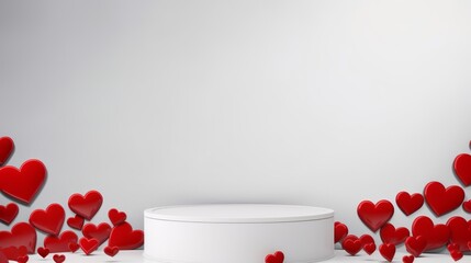 white podium with red hearts on white background.