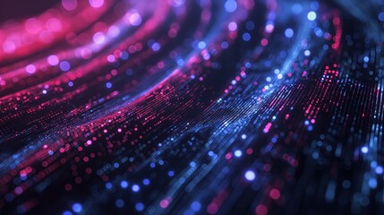 digital datastream particles with flowing energy and bokeh background