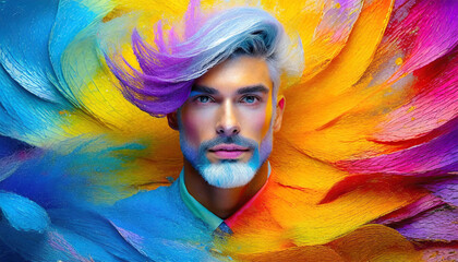 Amazing hairstyle and makup all full of colors. AI Generative.