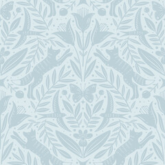 Hand drawn floral woodland seamless pattern, decorative animals, fox, bird, flowers seamless pattern