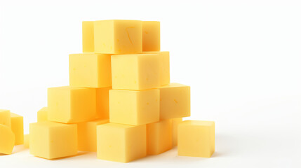 Cubes of yellow cheese stacked randomly on white