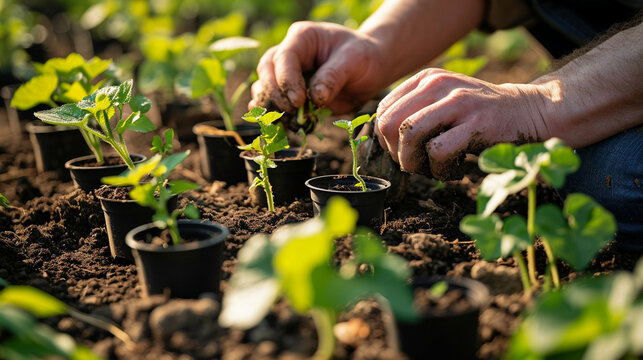 a close-up of a farmer planting seedlings from glasses