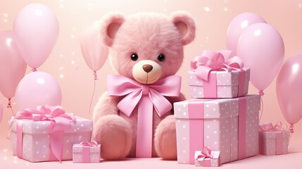 Teddy bear with gift boxes and balloons on pink background