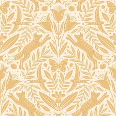 Hand drawn floral woodland seamless pattern, decorative animals, fox, bird, flowers seamless pattern