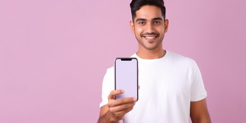 A youthful Indian gentleman dons a salmon-colored top and plain white tee, holding a mobile device with no display while giving a thumbs up against a pastel lavender backdrop. - obrazy, fototapety, plakaty