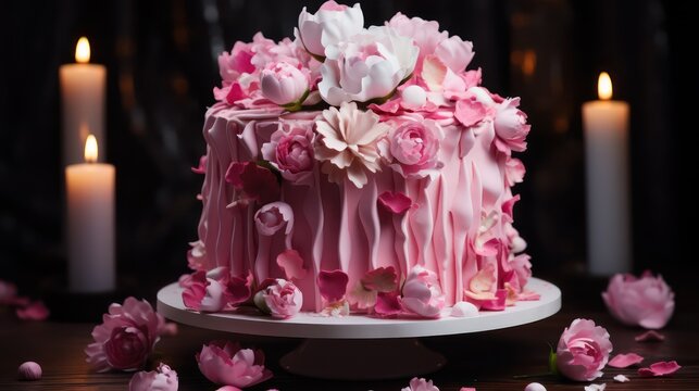 Wedding cake with pink flowers and candles on a dark background