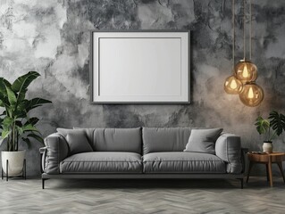 Minimalist Living Room Interior with Poster Frame Mockup on Cement Wall