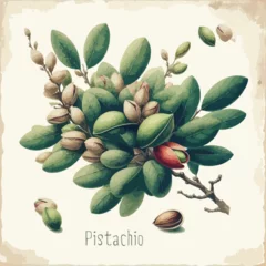 Selbstklebende Fototapeten Watercolor pistachio vintage retro poster design. Vector pistachio illustration, fruits theme. © ku4erashka