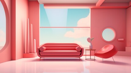 retro inspired minimalistic background.Abstract modern studio interior in shades of beige.miniature interior room with sofa in red background, monochrome single color red 3d Icon, 3d rendering