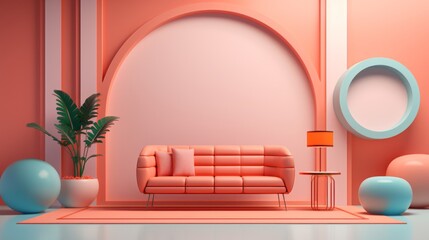 retro inspired minimalistic background.Abstract modern studio interior in shades of beige.miniature interior room with sofa in red background, monochrome single color red 3d Icon, 3d rendering