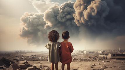Victims of war, innocent children looking at a nuclear explosion in a city full of ruins emotional photo. Kids, fighting, combat. - obrazy, fototapety, plakaty