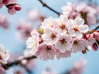 cherry blossom in spring, white flowers on blue sky background