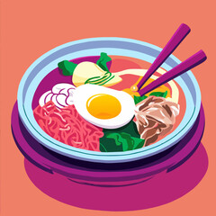 Bibimbap Rice, vegetables, minced marinated beef, spicy sauce and egg yolk