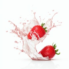 3d rendering milk and yogurt splash with strawberries isolated on the white background.	
