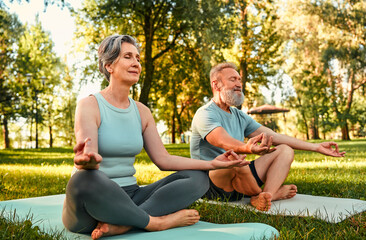 Relaxation during outdoors yoga. Calm elderly couple meditating together in lotus position under morning sun at summer park. Caucasian man and woman keeping eyes closed and hands in mudra gesture.