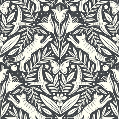 Hand drawn floral woodland seamless pattern, decorative animals, fox, bird, flowers seamless pattern - 705154310