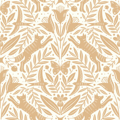 Hand drawn floral woodland seamless pattern, decorative animals, fox, bird, flowers seamless pattern - 705154358