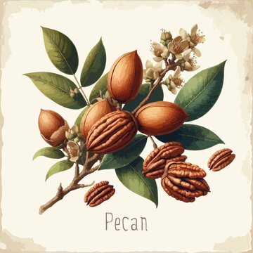 Watercolor pecan vintage retro poster design. Vector pecan illustration, fruits theme.