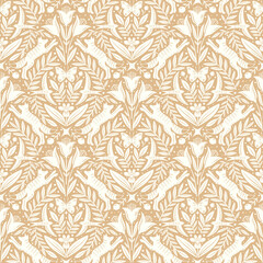 Hand drawn floral woodland seamless pattern, decorative animals, fox, bird, flowers seamless pattern