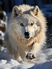 Obraz premium A majestic white wolf running through the snow