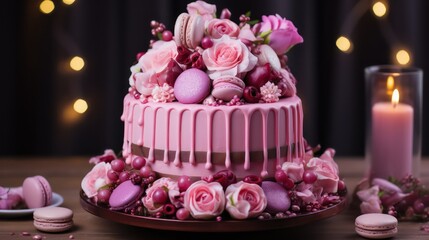 Beautiful cake decorated with flowers and macaroons on dark background