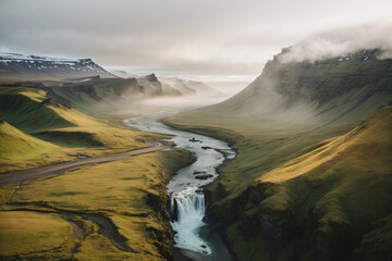 Iceland waterfall in the fog landscape background