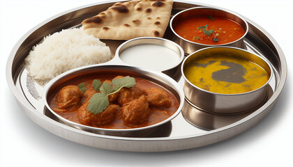 Indian cuisine thali set out against a white background