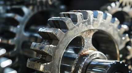 Macro shot of interlocking industrial metal gears