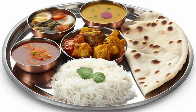 Indian cuisine thali set out against a white background